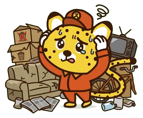 不用品の山に困るキャラクター